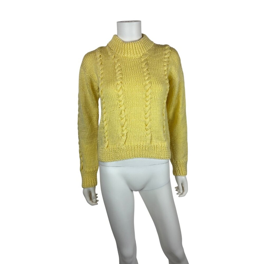 Vintage 80s Cable Knit Sweater Womens M Butter Yellow Mock Neck Long Sleeve Pull